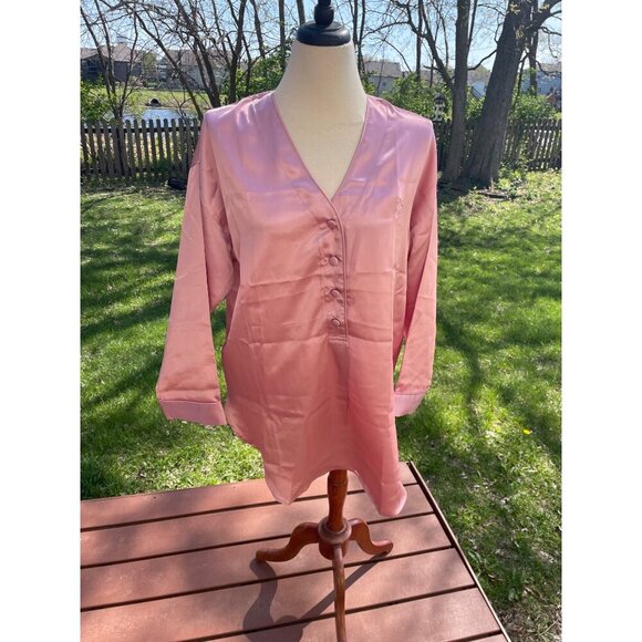 Victorias Secret Gold Label Pink Satin Button-Front Long-Sleeve Top M/L - Picture 1 of 7